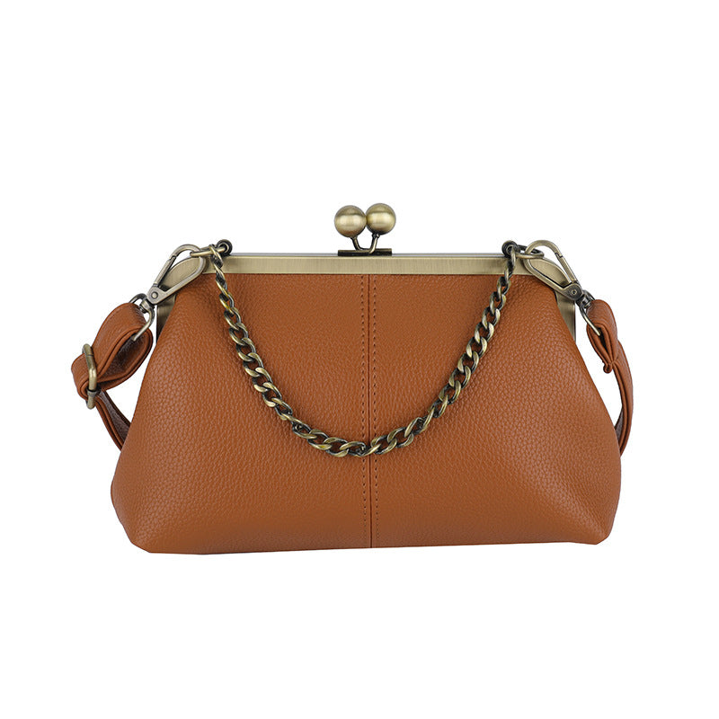 Brown Retro Women's Shell Handbag - European Style Clip Lock Closure PU Clutch/Shoulder Bag with Chain Strap V888-ELOSUNG42044