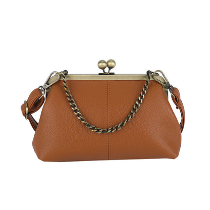 Brown Retro Women's Shell Handbag - European Style Clip Lock Closure PU Clutch/Shoulder Bag with Chain Strap V888-ELOSUNG42044