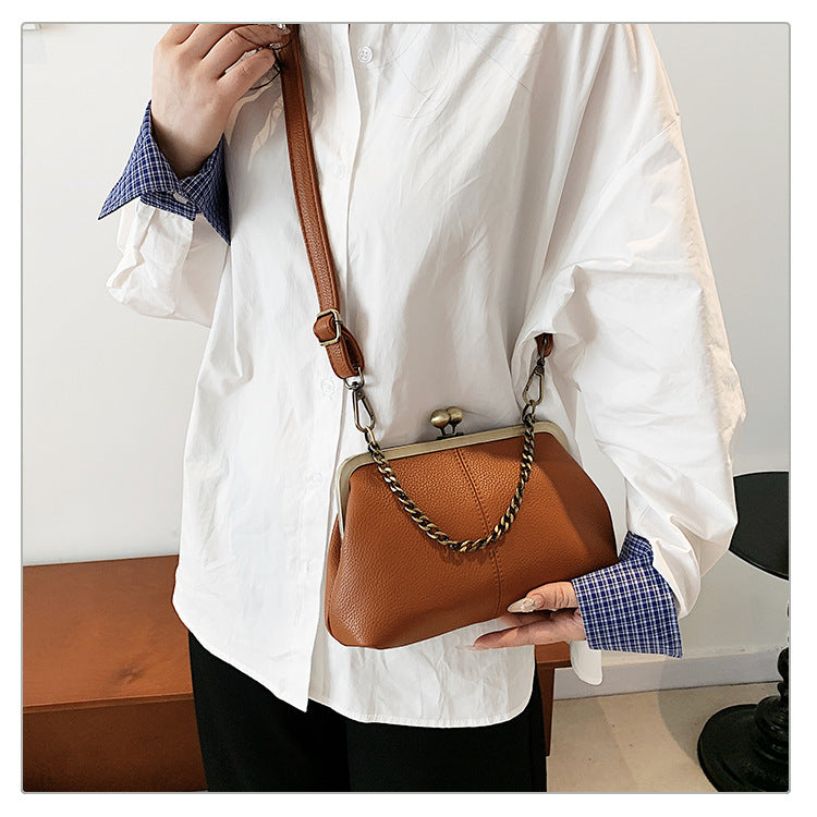Brown Retro Women's Shell Handbag - European Style Clip Lock Closure PU Clutch/Shoulder Bag with Chain Strap V888-ELOSUNG42044