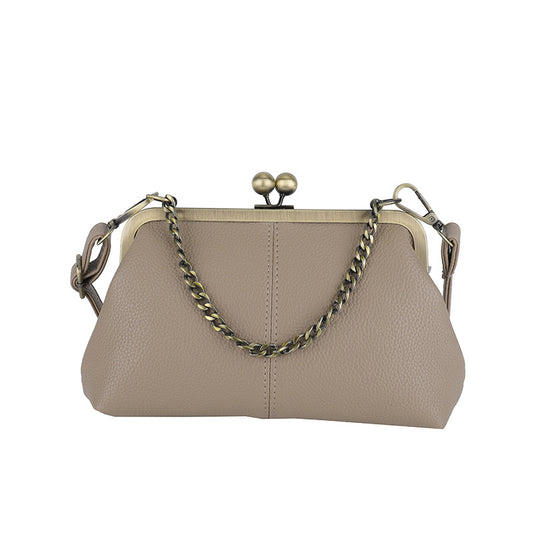 Khaki Purple Retro Women's Shell Handbag - European Style Clip Lock Closure PU Clutch/Shoulder Bag with Chain V888-ELOSUNG42045