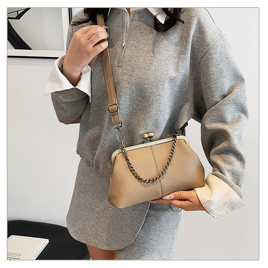 Khaki Purple Retro Women's Shell Handbag - European Style Clip Lock Closure PU Clutch/Shoulder Bag with Chain V888-ELOSUNG42045