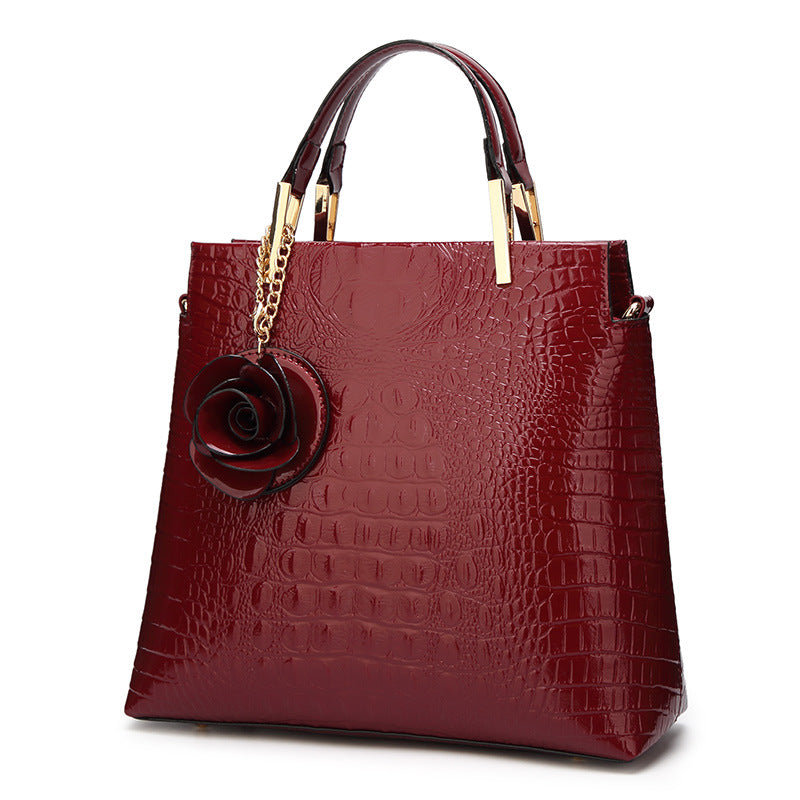Wine Red Patent PU Leather Crocodile Embossed Shell Bag(30 x 11 x 26 CM) with Floral Pendant V888-ELOSUNG42046