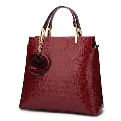 Wine Red Patent PU Leather Crocodile Embossed Shell Bag(30 x 11 x 26 CM) with Floral Pendant V888-ELOSUNG42046