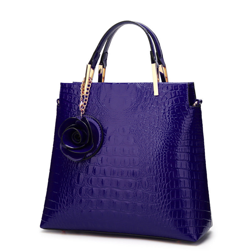 Dark Blue Patent PU Leather Crocodile Embossed Shell Bag(30 x 11 x 26 CM) with Floral Pendant V888-ELOSUNG42047