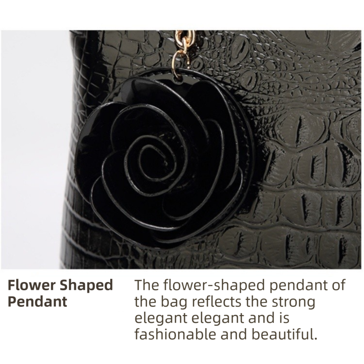 Dark Blue Patent PU Leather Crocodile Embossed Shell Bag(30 x 11 x 26 CM) with Floral Pendant V888-ELOSUNG42047