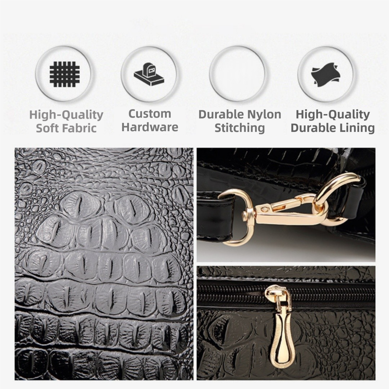 Dark Blue Patent PU Leather Crocodile Embossed Shell Bag(30 x 11 x 26 CM) with Floral Pendant V888-ELOSUNG42047