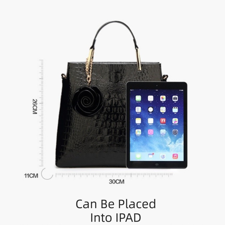 Dark Blue Patent PU Leather Crocodile Embossed Shell Bag(30 x 11 x 26 CM) with Floral Pendant V888-ELOSUNG42047