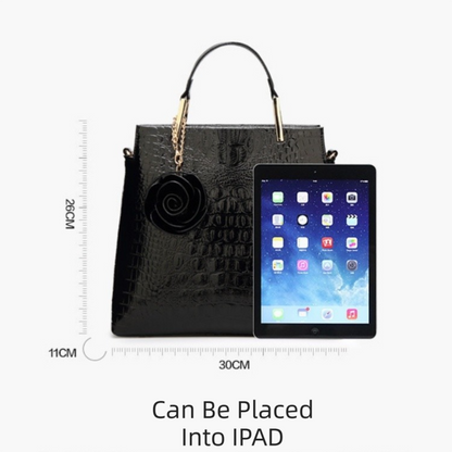 Dark Blue Patent PU Leather Crocodile Embossed Shell Bag(30 x 11 x 26 CM) with Floral Pendant V888-ELOSUNG42047