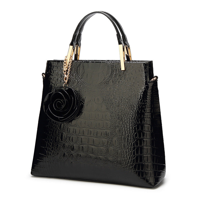 Black Patent PU Leather Crocodile Embossed Shell Bag(30 x 11 x 26 CM) with Floral Pendant V888-ELOSUNG42048