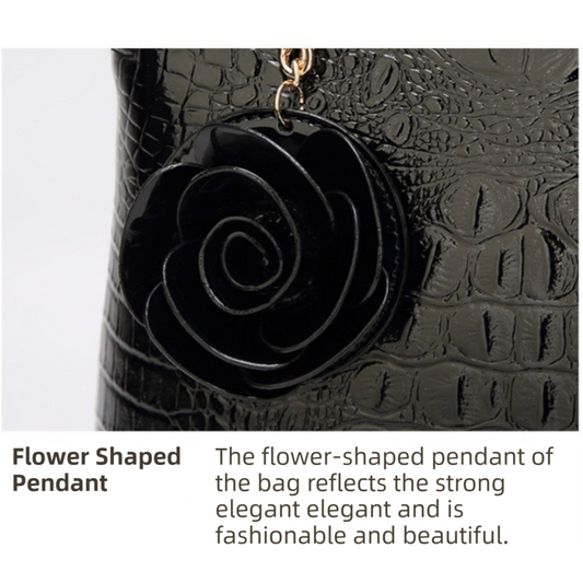 Black Patent PU Leather Crocodile Embossed Shell Bag(30 x 11 x 26 CM) with Floral Pendant V888-ELOSUNG42048