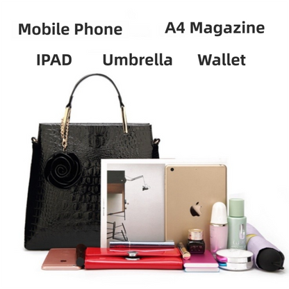 Black Patent PU Leather Crocodile Embossed Shell Bag(30 x 11 x 26 CM) with Floral Pendant V888-ELOSUNG42048