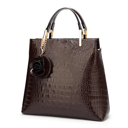 Dark Coffee Patent PU Leather Crocodile Embossed Shell Bag(30 x 11 x 26 CM) with Floral Pendant V888-ELOSUNG42049