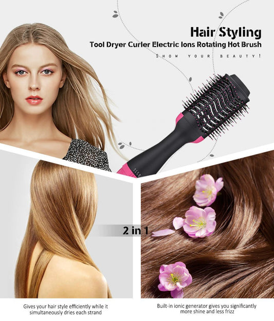 2-in-1 Black-Pink Negative Ion Hot Air Styler Brush - 7-Level Temp & 3-Gear Speed, Fast Drying Blow Dryer & V888-ELOSUNG42067