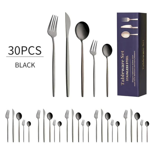 30-Piece Black Portuguese Style Cutlery Set - Mirror Polished 410 Stainless Steel Dinnerware for 6 (Steak V888-ELOSUNG42102