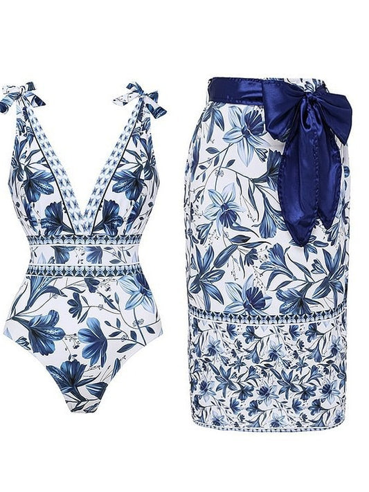 M Size Blue Print Women's Sexy One-Piece Swimsuit Set With Matching Wrap Skirt - European/American Style V888-ELOSUNG42125
