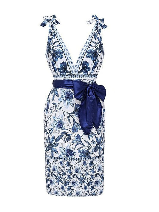 L Size Blue Print Women's Sexy One-Piece Swimsuit Set With Matching Wrap Skirt - European/American Style V888-ELOSUNG42126