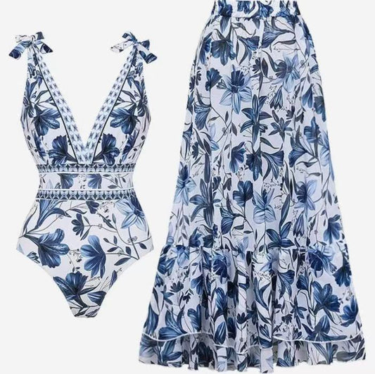 S Size Blue Print Women's Sexy One-Piece Swimsuit Set With Matching Long Dress - European/American Style V888-ELOSUNG42129