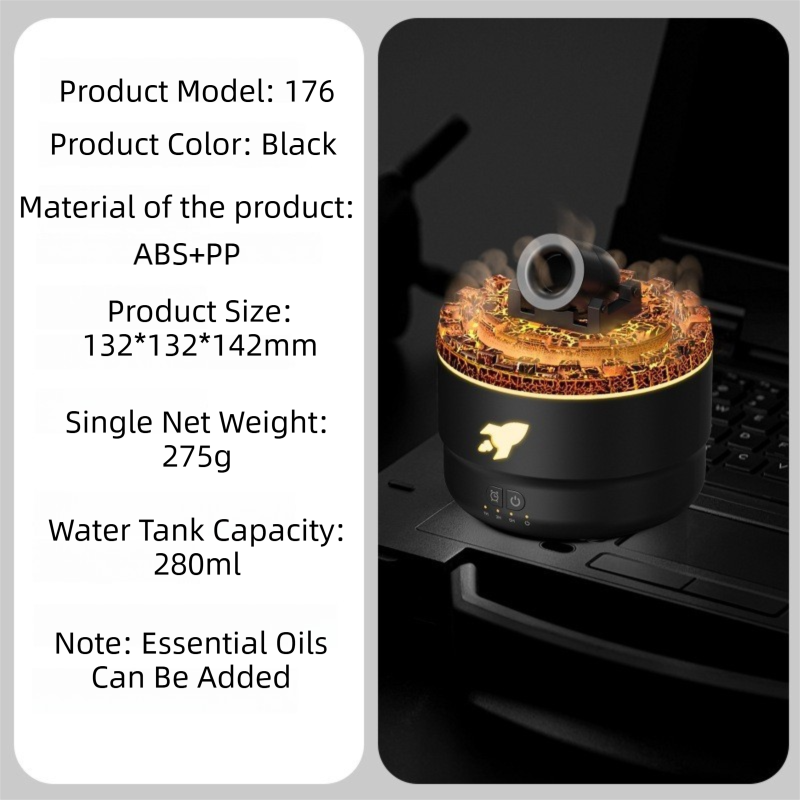 176 Black Simulation Turret Diffuser & Humidifier - Smart Timer Ultrasonic Mister with Volcano Lava Crack V888-ELOSUNG42139