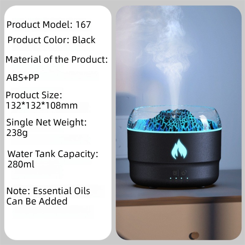 167 Black Simulation Volcano Diffuser & Humidifier - Smart Timer Ultrasonic Mister with Volcano Lava Crack V888-ELOSUNG42141