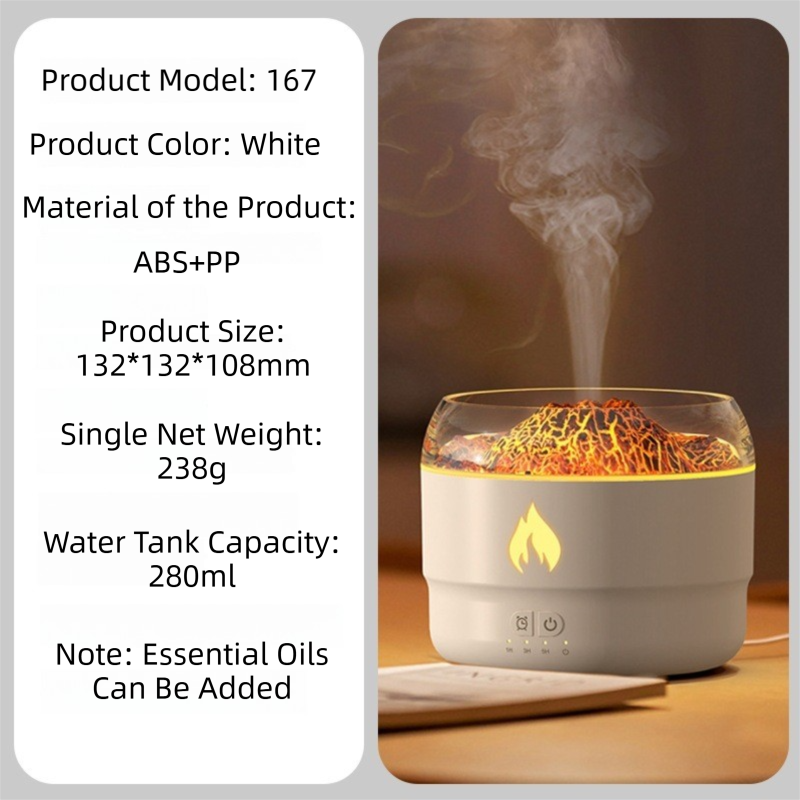167 White Simulation Volcano Diffuser & Humidifier - Smart Timer Ultrasonic Mister with Volcano Lava Crack V888-ELOSUNG42142