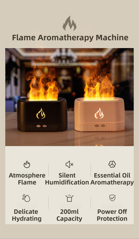 Black 3D Simulation Flame Aroma Diffuser & Humidifier - Ultrasonic Desktop Mister with 7-Color LED Light and V888-ELOSUNG42161