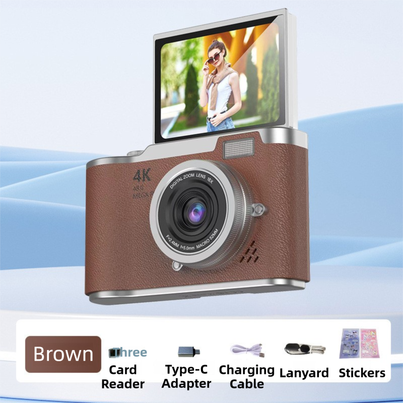 Brown 4K Compact Digital CCD Camera for Vlogging & Students - Portable Point and Shoot with 2.4-inch Rotating V888-ELOSUNG42183