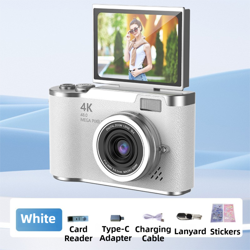 White 4K Compact Digital CCD Camera for Vlogging & Students - Portable Point and Shoot with 2.4-inch Rotating V888-ELOSUNG42184