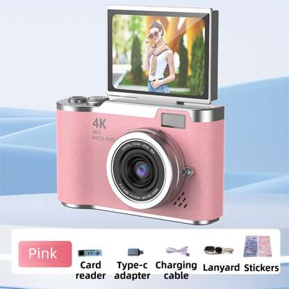 Pink 4K Compact Digital CCD Camera for Vlogging & Students - Portable Point and Shoot with 2.4-inch Rotating V888-ELOSUNG42185