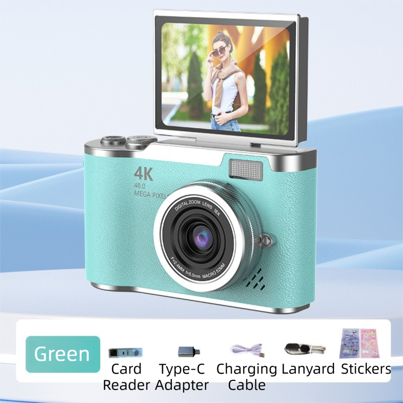 Green 4K Compact Digital CCD Camera for Vlogging & Students - Portable Point and Shoot with 2.4-inch Rotating V888-ELOSUNG42186