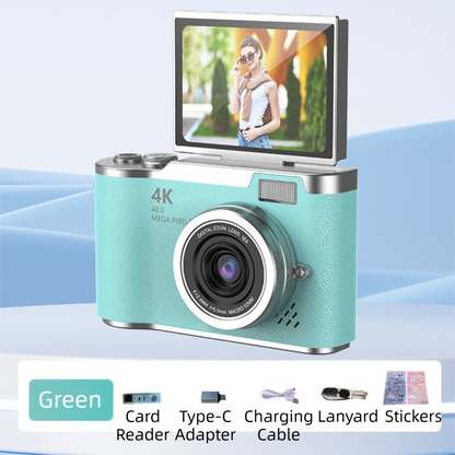 Green 4K Compact Digital CCD Camera for Vlogging & Students - Portable Point and Shoot with 2.4-inch Rotating V888-ELOSUNG42186