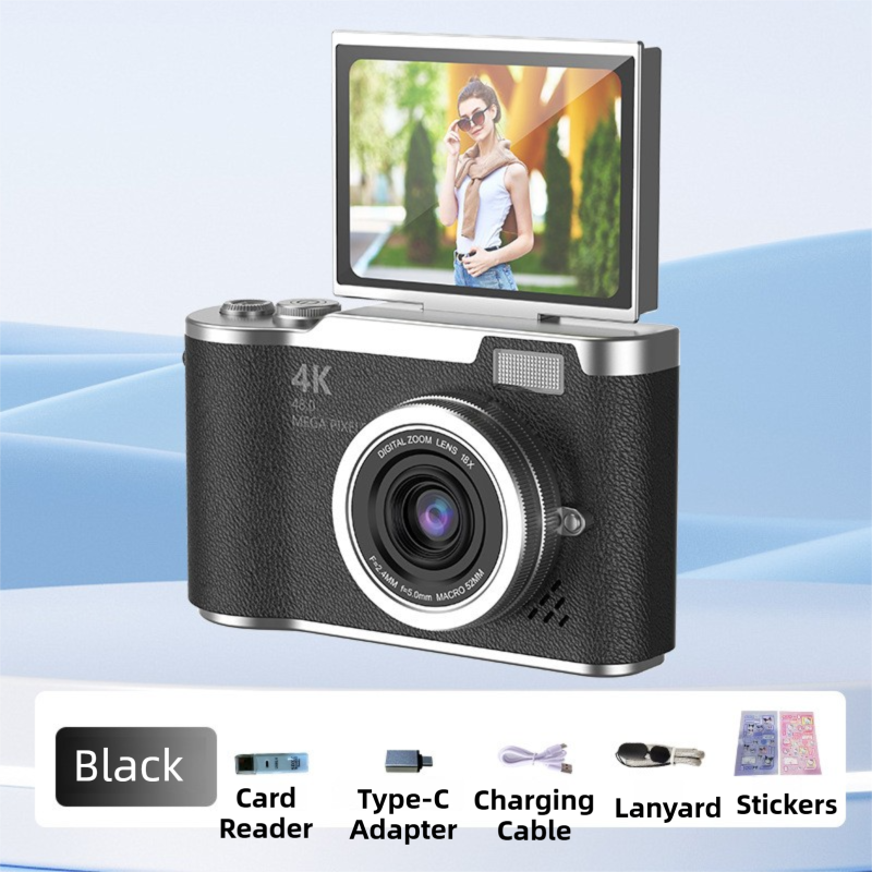 Black 4K Compact Digital CCD Camera for Vlogging & Students - Portable Point and Shoot with 2.4-inch Rotating V888-ELOSUNG42188