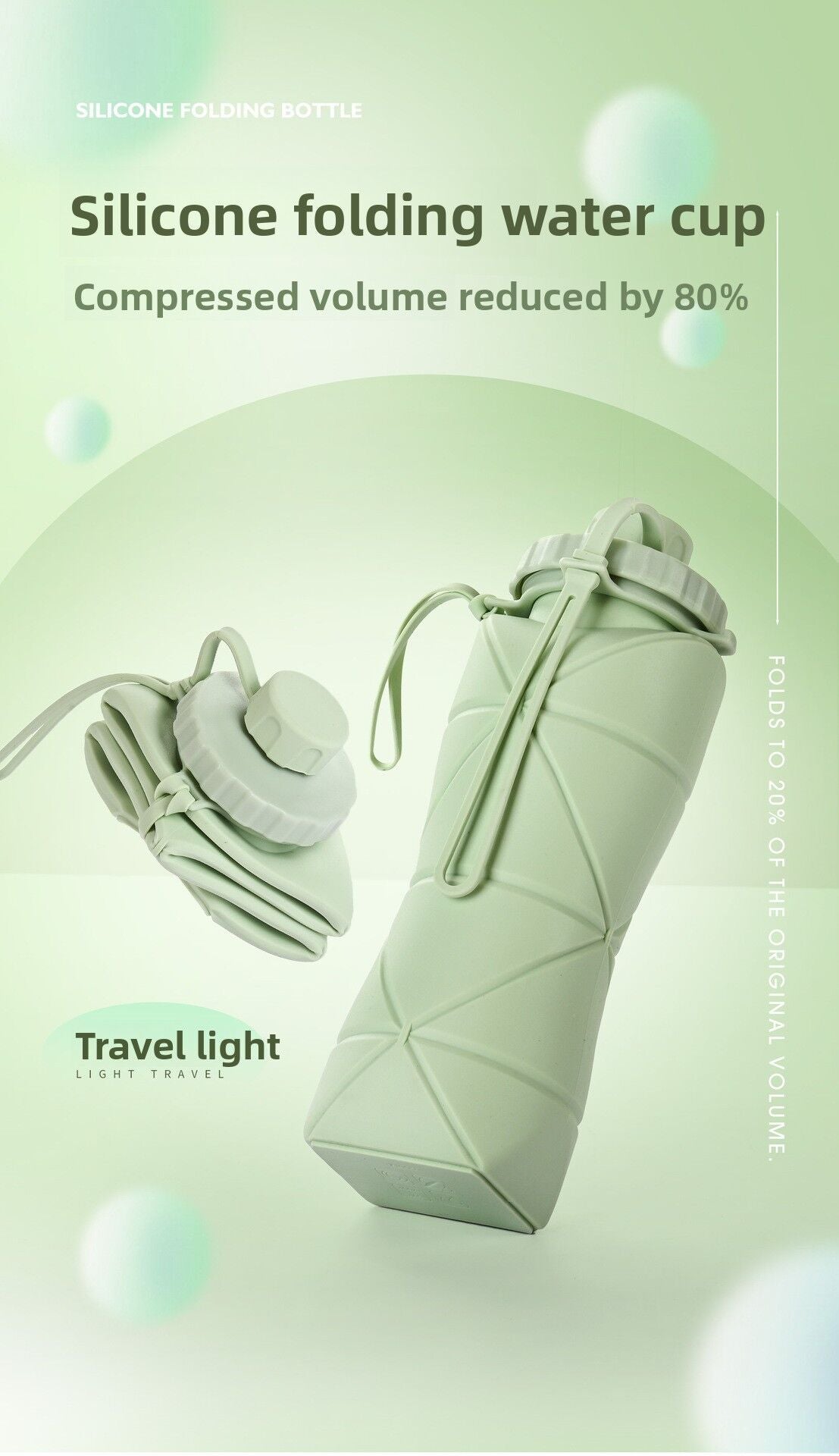 Green Portable Food Grade Silicone Collapsible Sports Water Bottle 600ML - Folding down 80% , Low High V888-ELOSUNG42207