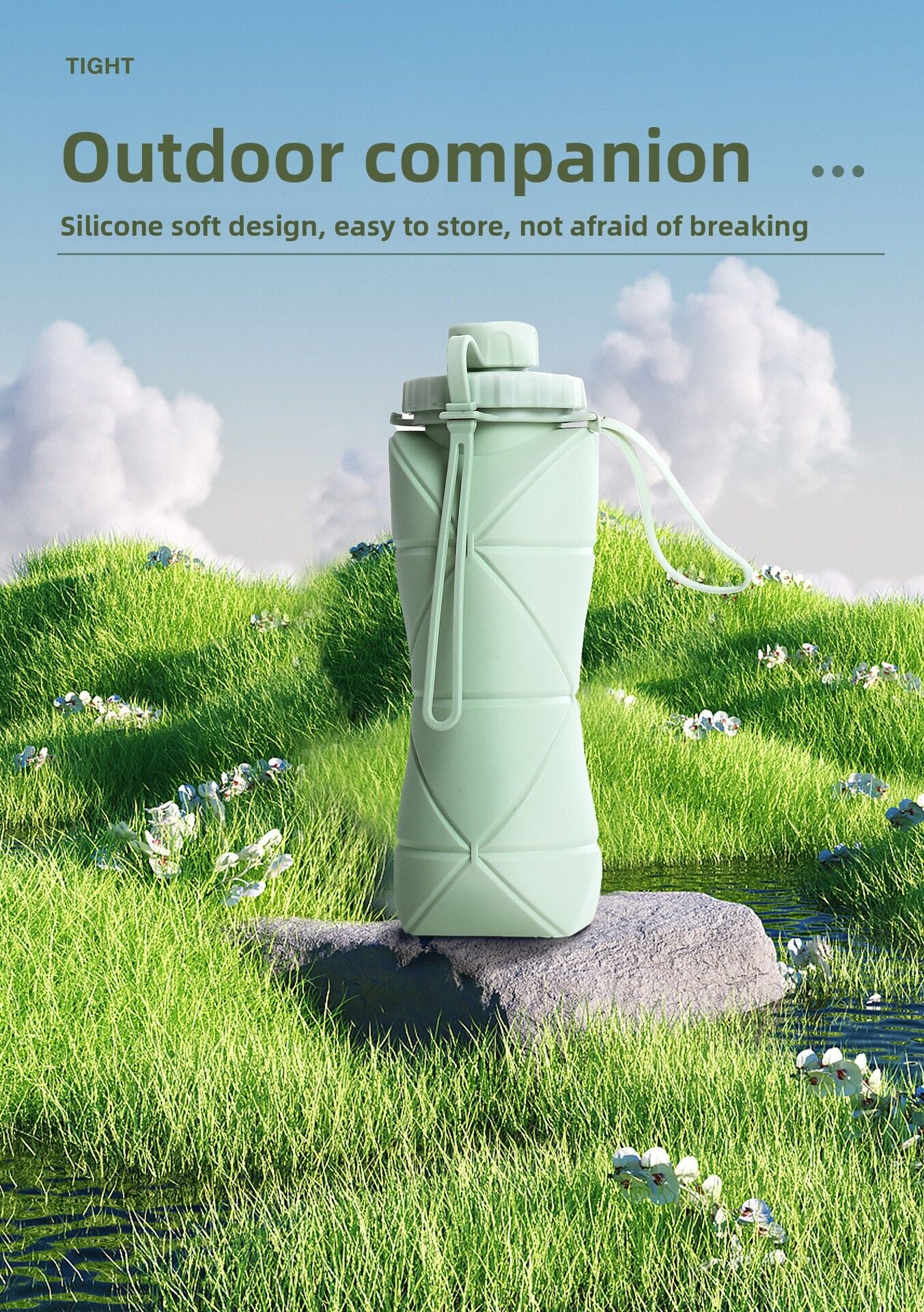 Grey Portable Food Grade Silicone Collapsible Sports Water Bottle 600ML - Folding down 80% , Low High V888-ELOSUNG42210