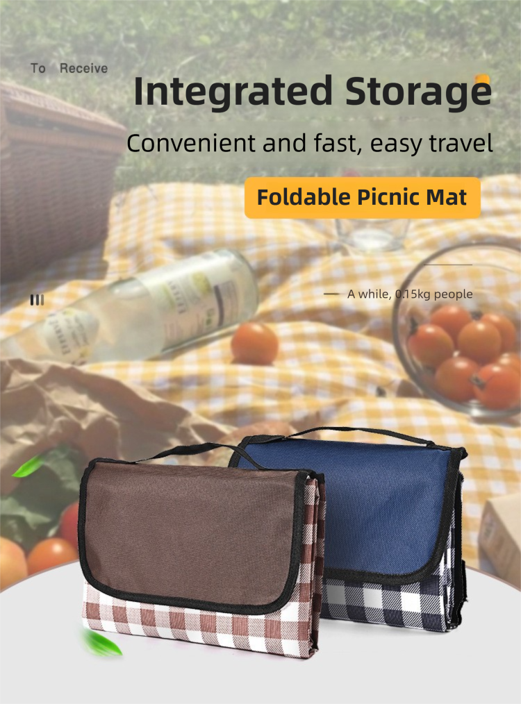 Dark Blue Lattice Foldable Waterproof & Moisture-Proof Picnic Blanket 150x100CM - 600D Three-Layer Composite V888-ELOSUNG42247