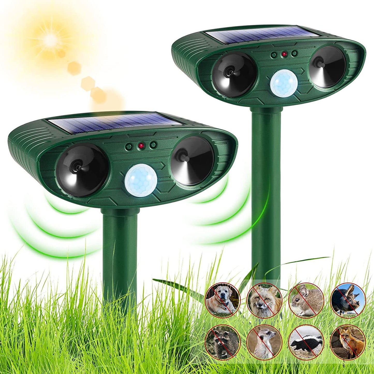 Classic Solar Powered Animal Repeller - PIR Sensor, Ultrasonic & Flashing Light Deterrent for Cats, Dogs, and V888-ELOSUNG42255