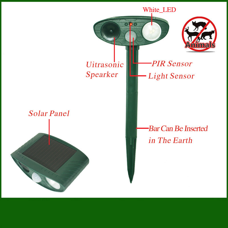 Classic Solar Powered Animal Repeller - PIR Sensor, Ultrasonic & Flashing Light Deterrent for Cats, Dogs, and V888-ELOSUNG42255