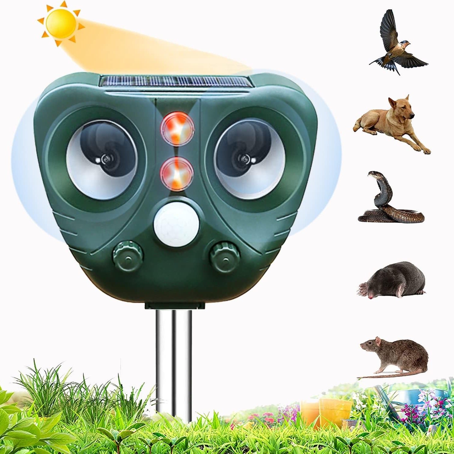 Model 703 Solar Powered Animal Repeller - Advanced Ultrasonic, Alarm & Flashing Light System V888-ELOSUNG42257