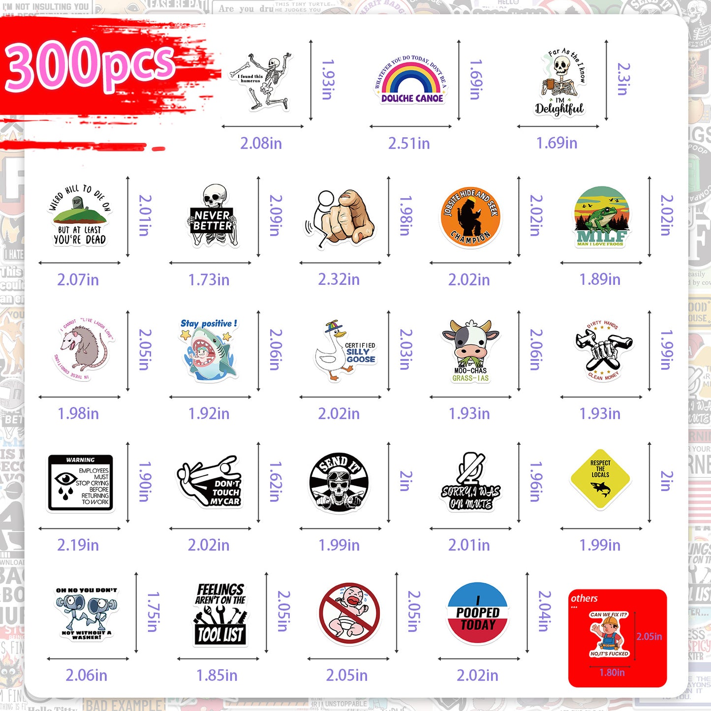 300 Pcs Prank Meme Graffiti Stickers Pack - Waterproof PVC Personalized Decals for Laptop, Luggage, Water V888-ELOSUNG42279