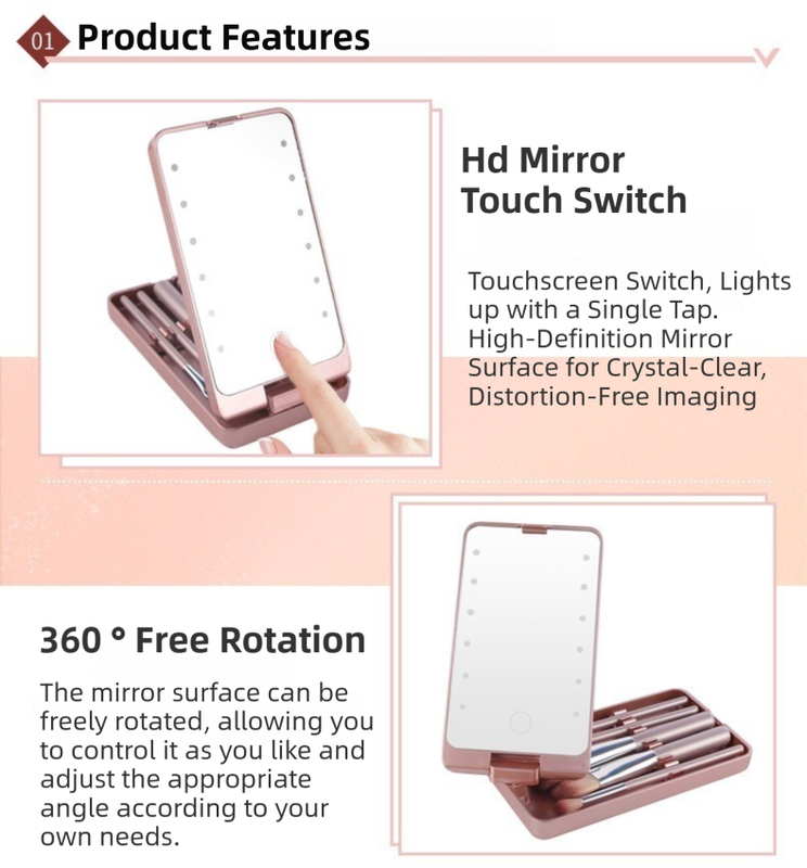 Pink Portable LED Makeup Mirror with Lights & Brushes (9x2.5x16CM) - Mini Foldable Desktop Vanity Mirror with V888-ELOSUNG42292