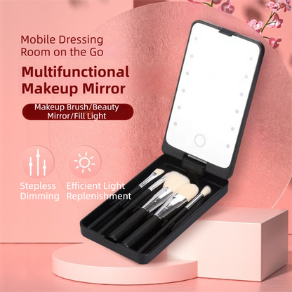 Pink Portable LED Makeup Mirror with Lights & Brushes (9x2.5x16CM) - Mini Foldable Desktop Vanity Mirror with V888-ELOSUNG42292