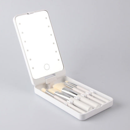 White Portable LED Makeup Mirror with Lights & Brushes (9x2.5x16CM) - Mini Foldable Desktop Vanity Mirror V888-ELOSUNG42293