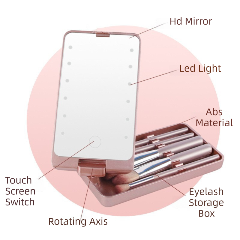 Black Portable LED Makeup Mirror with Lights & Brushes (9x2.5x16CM) - Mini Foldable Desktop Vanity Mirror V888-ELOSUNG42294