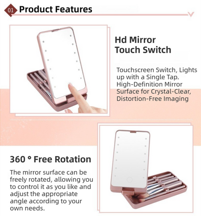 Black Portable LED Makeup Mirror with Lights & Brushes (9x2.5x16CM) - Mini Foldable Desktop Vanity Mirror V888-ELOSUNG42294