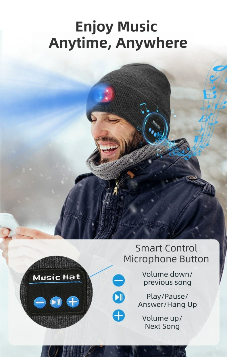 Light Grey Removable LED Bluetooth Headphone Beanie - Washable Knit Hat with 3-Level LED Illumination & V888-ELOSUNG42307