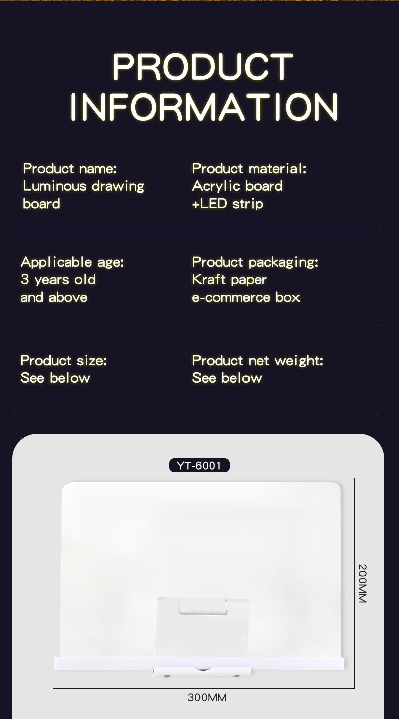 30x20CM LED Light-Up Tracing Doodle Board with 10 Brushes - Erasable Fluorescent Drawing Tablet for Kids, V888-ELOSUNG42344