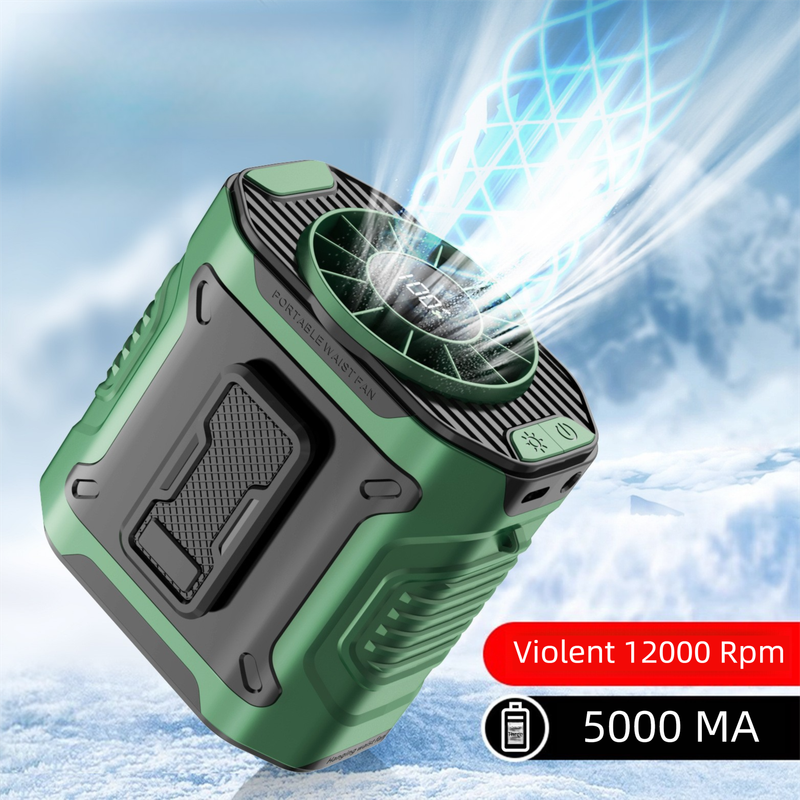 Dark Green Portable Waist Fan - Construction Site Cooling Solution with 360 degrees Turbo Ice Engine, 100 V888-ELOSUNG42354
