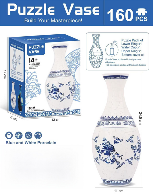 160 PCS Blue and White Porcelain 3D Puzzle Vase - DIY Interlocking Flower Vase Kit, Home Decorative and Toy V888-ELOSUNG42356