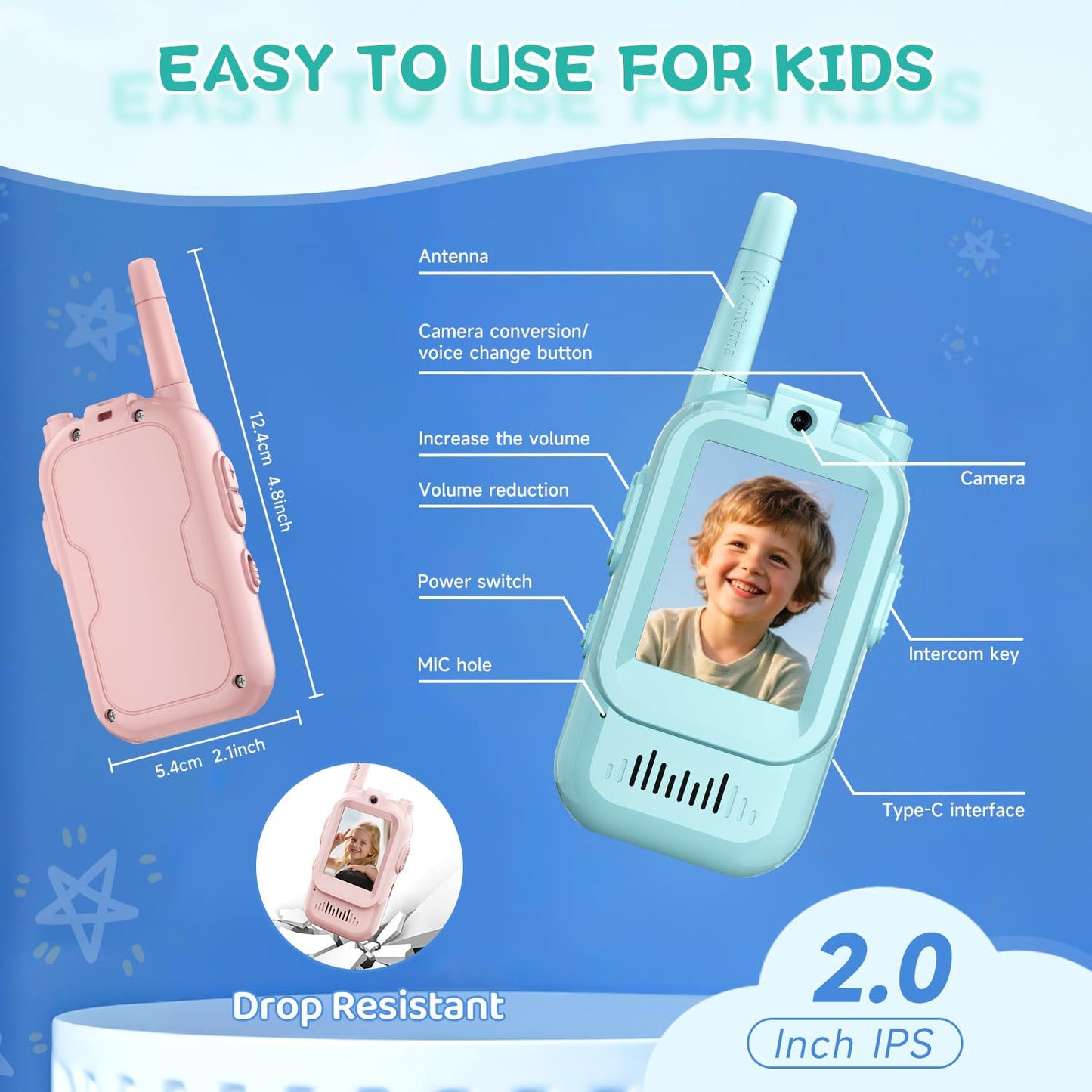 2-Pack Mini Wireless Video Intercom Set for Children(Blue) - Educational and Interactive Dual-Frequency V888-ELOSUNG42362