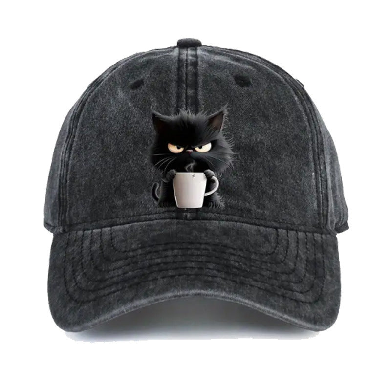 Black Washed Cotton Baseball Cap with Cat Print - Spring/Summer Casual Adjustable Unisex Couple Sun Hat V888-ELOSUNG42368