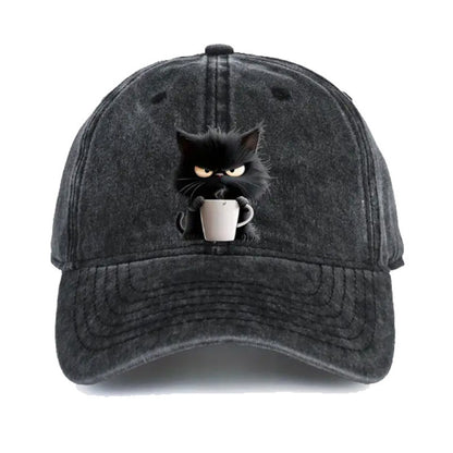 Black Washed Cotton Baseball Cap with Cat Print - Spring/Summer Casual Adjustable Unisex Couple Sun Hat V888-ELOSUNG42368